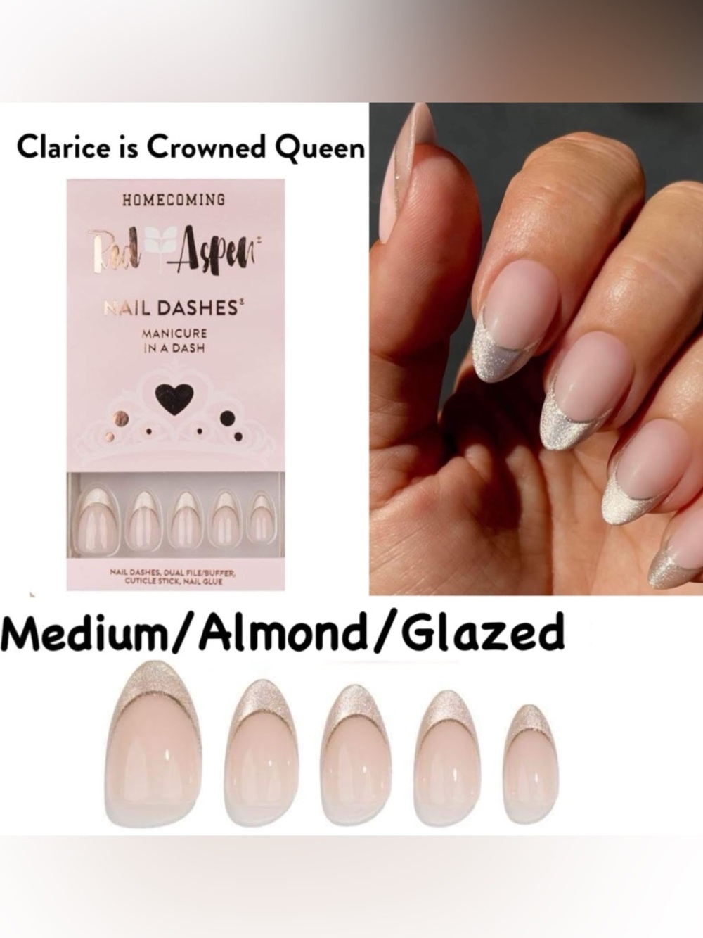 Nude Almond Press-On Nails with Sparkle Silver Tips